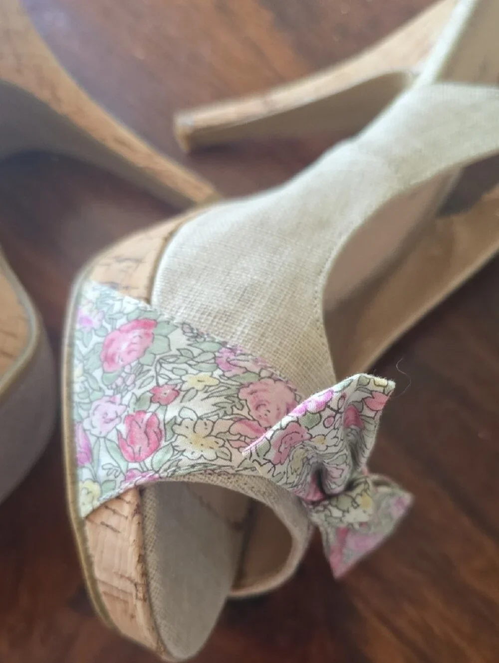 Rampage Beige Slingback Wedges with Pink Floral Bow